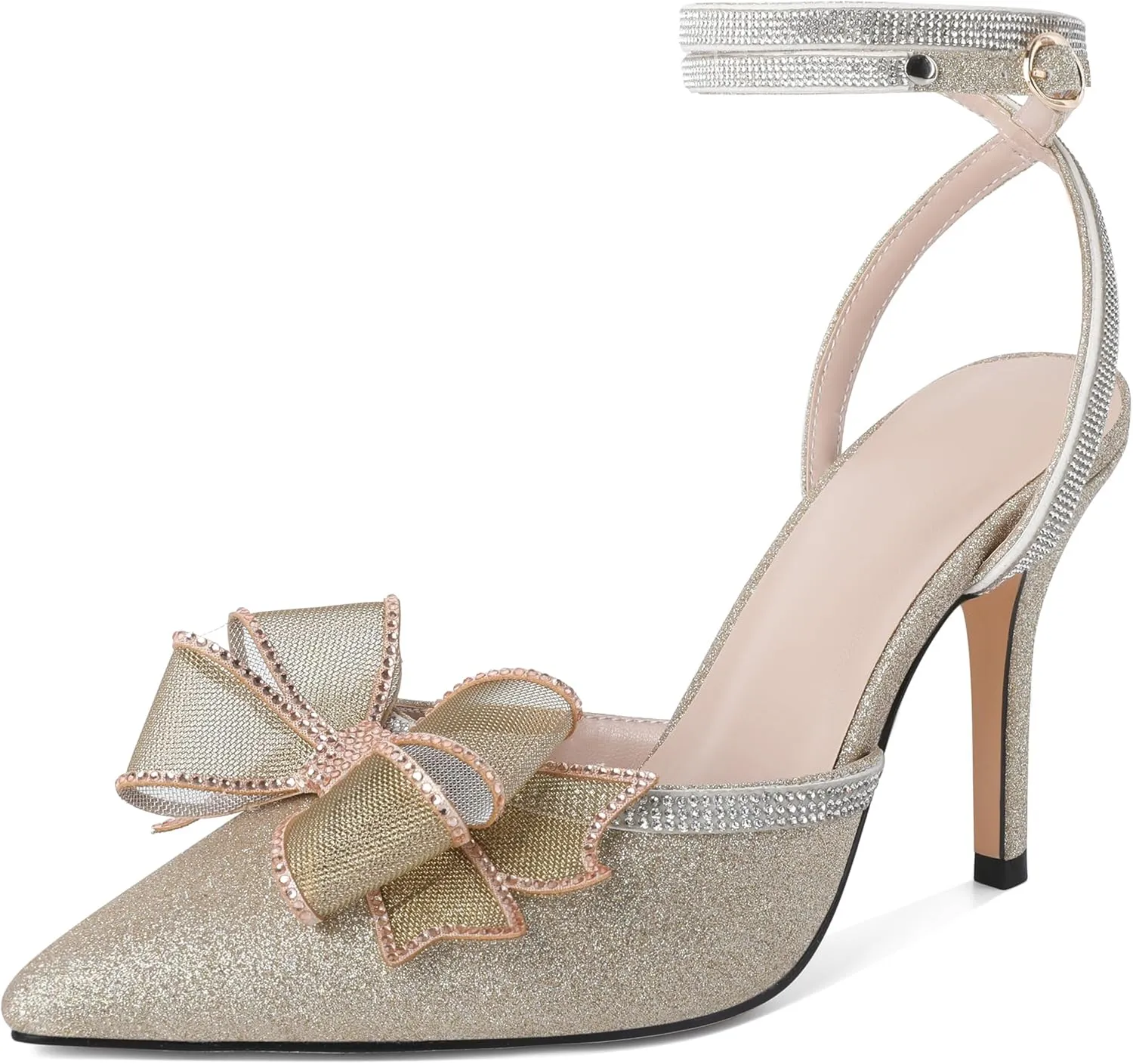 Joseywade Rhinestone Bow Heels High Stiletto Heels Pumps Closed Pointed Toe Women Lace-up Strappy Ankle Strap Shoes for Bridal Brides