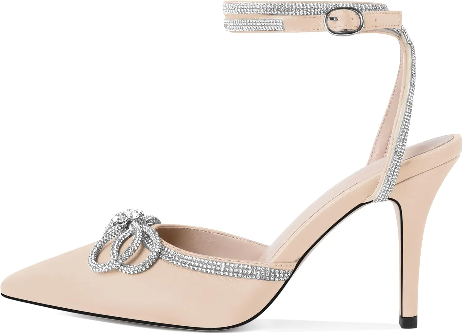 Joseywade Rhinestone Bow Heels High Stiletto Heels Pumps Closed Pointed Toe Women Lace-up Strappy Ankle Strap Shoes for Bridal Brides