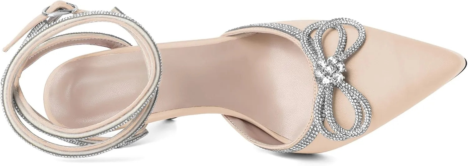 Joseywade Rhinestone Bow Heels High Stiletto Heels Pumps Closed Pointed Toe Women Lace-up Strappy Ankle Strap Shoes for Bridal Brides