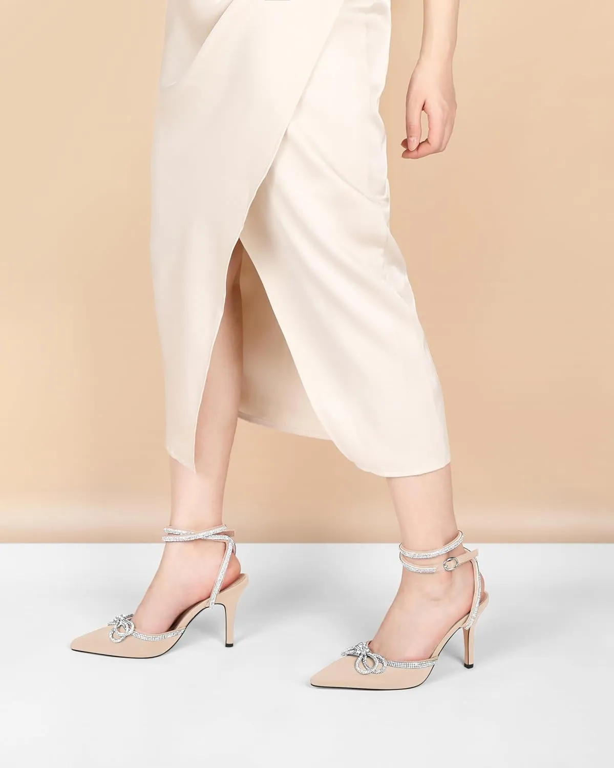 Joseywade Rhinestone Bow Heels High Stiletto Heels Pumps Closed Pointed Toe Women Lace-up Strappy Ankle Strap Shoes for Bridal Brides