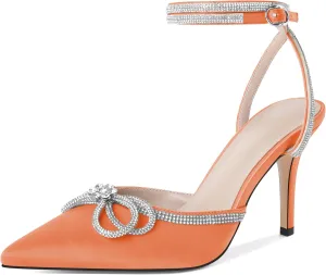 Joseywade Rhinestone Bow Heels High Stiletto Heels Pumps Closed Pointed Toe Women Lace-up Strappy Ankle Strap Shoes for Bridal Brides