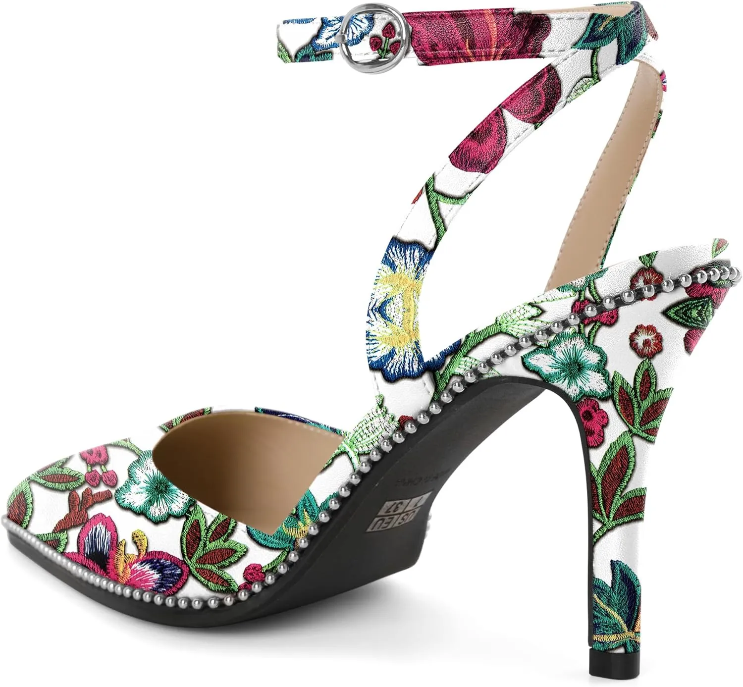 Joseywade Slingback Pumps for Women Stiletto High Heels Closed Pointed Toe Heel Ankle Strap Sliver Beaded Dress Shoes
