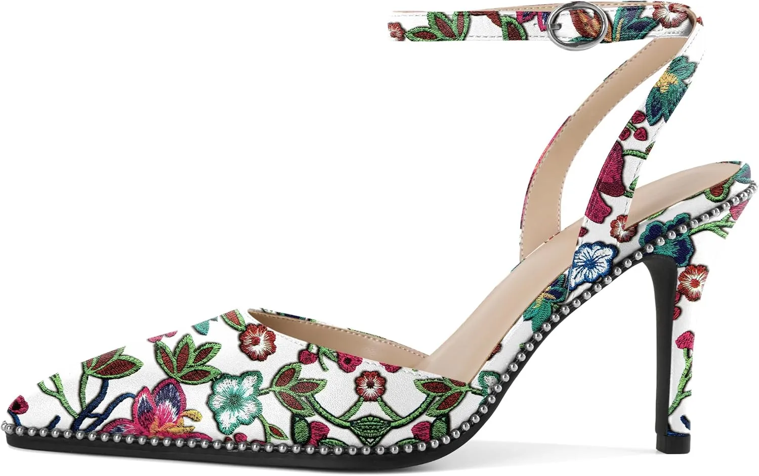 Joseywade Slingback Pumps for Women Stiletto High Heels Closed Pointed Toe Heel Ankle Strap Sliver Beaded Dress Shoes