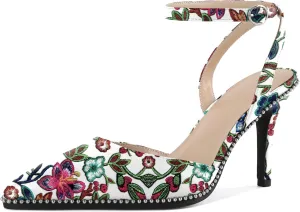 Joseywade Slingback Pumps for Women Stiletto High Heels Closed Pointed Toe Heel Ankle Strap Sliver Beaded Dress Shoes