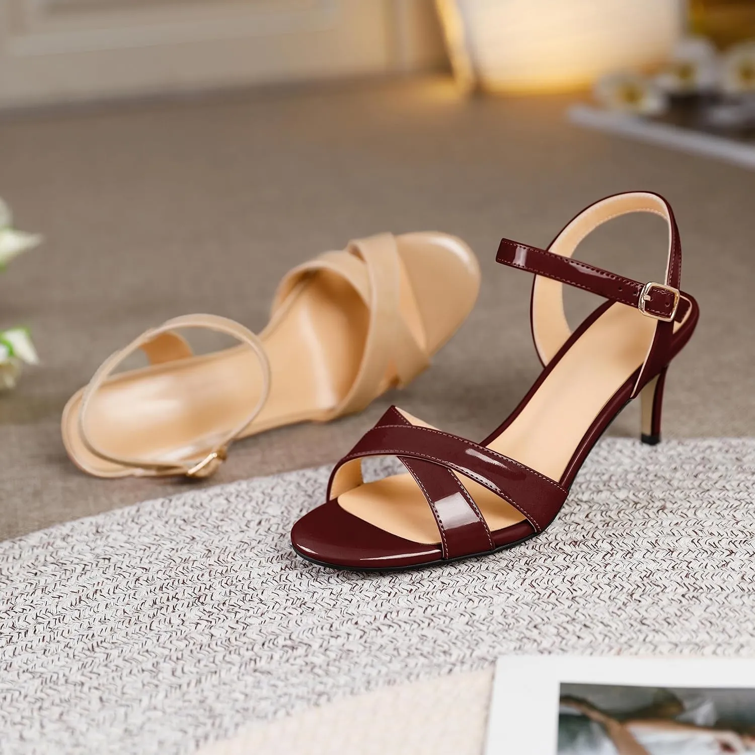 Joseywade Women's Heeled Sandals Strappy Low Kitten Heels Crisscross Open Round Toe Heels 2.5'' Adjustable Ankle Strap Shoes