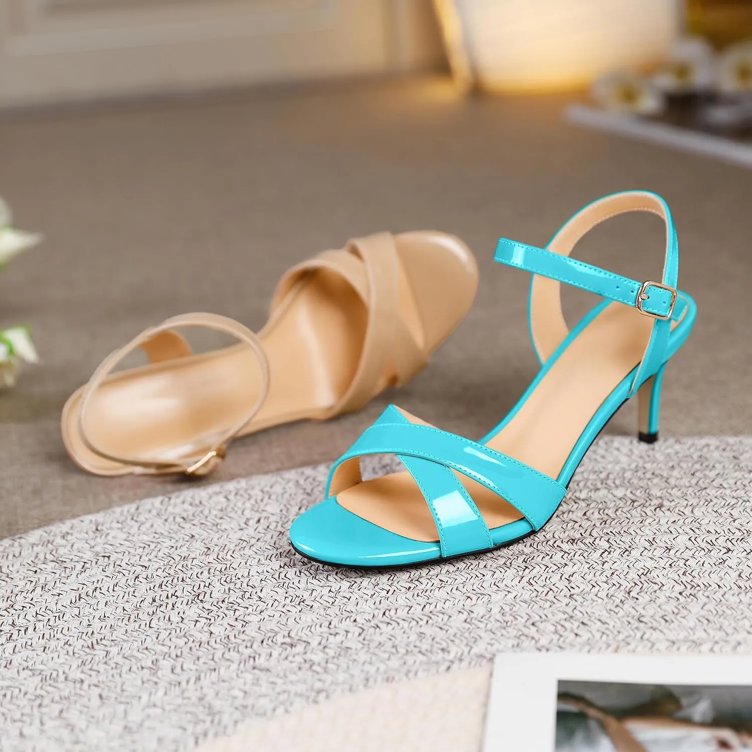 Joseywade Women's Heeled Sandals Strappy Low Kitten Heels Crisscross Open Round Toe Heels 2.5'' Adjustable Ankle Strap Shoes
