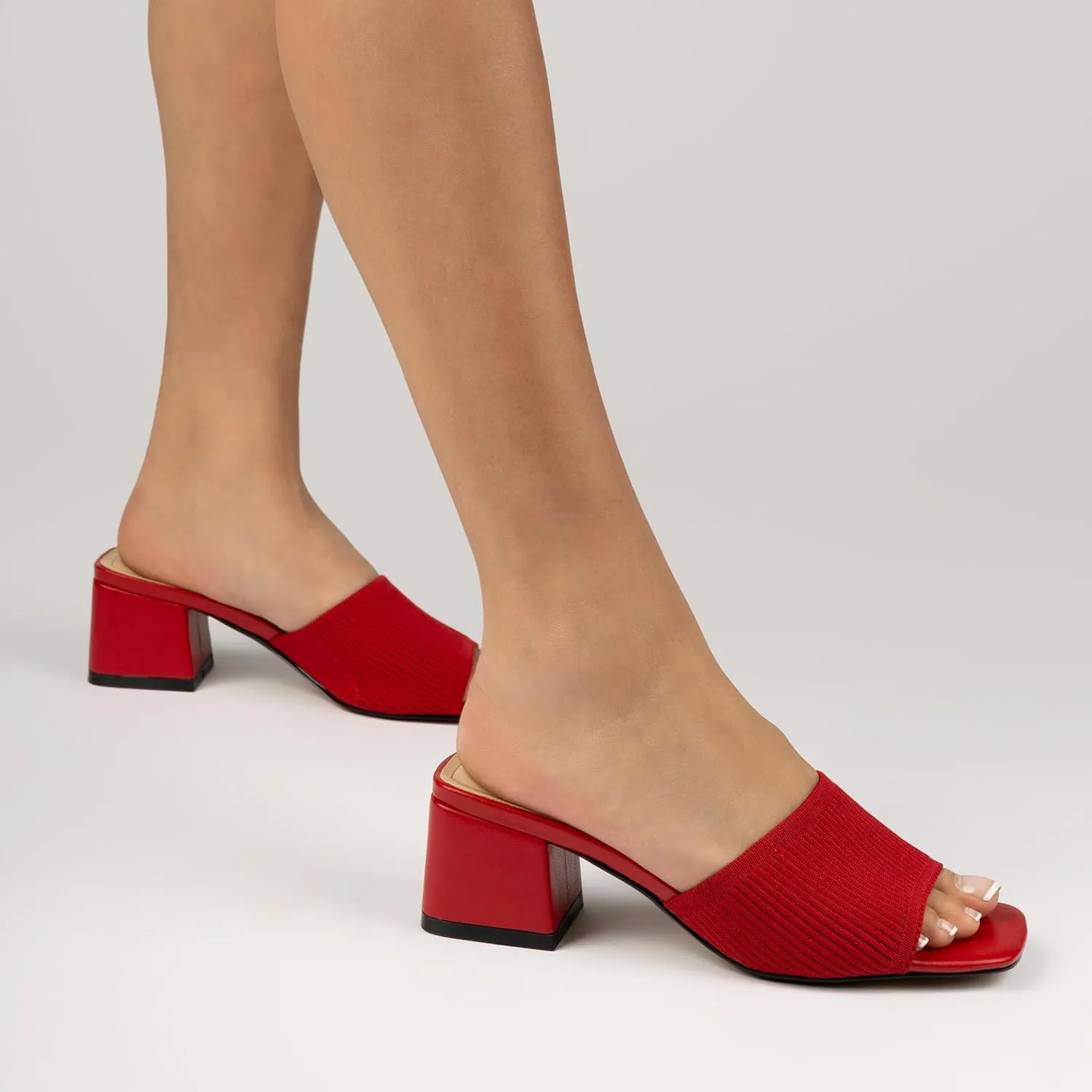 Journee Collection Womens Shilin Stretch Knit Dress Sandals Cushioned Slip On Block Heel Open Square Toe Spring Summer