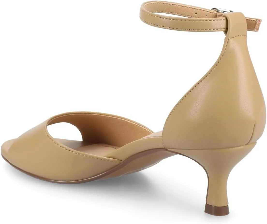 Journee Womens cushioned footbeds Jezzie kitten heel faux leather ankle strap and buckle open toe 2-inch heel