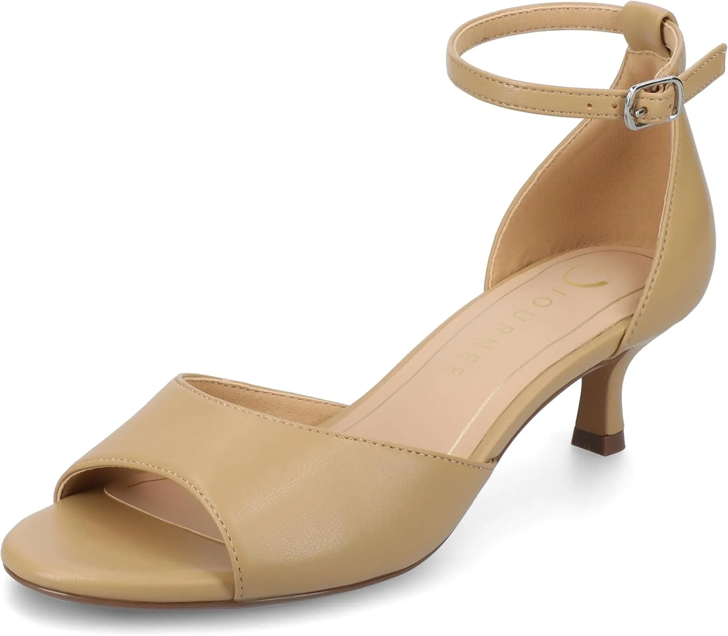 Journee Womens cushioned footbeds Jezzie kitten heel faux leather ankle strap and buckle open toe 2-inch heel