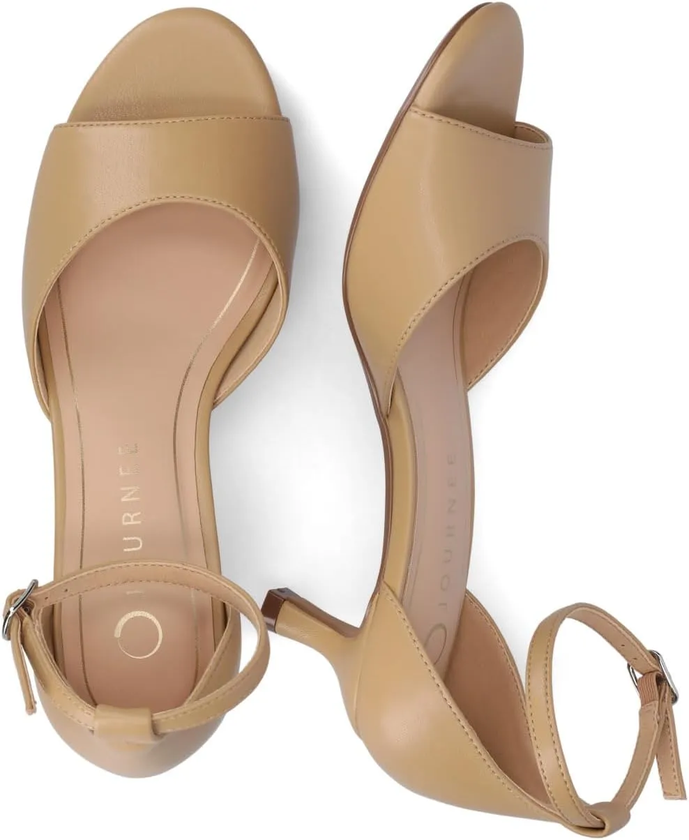 Journee Womens cushioned footbeds Jezzie kitten heel faux leather ankle strap and buckle open toe 2-inch heel