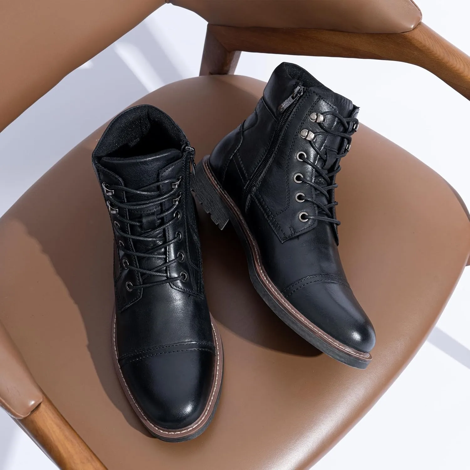 Jousen Mens Boots Leahter Retro Dress Boot Cap Toe Casual Motorcycle