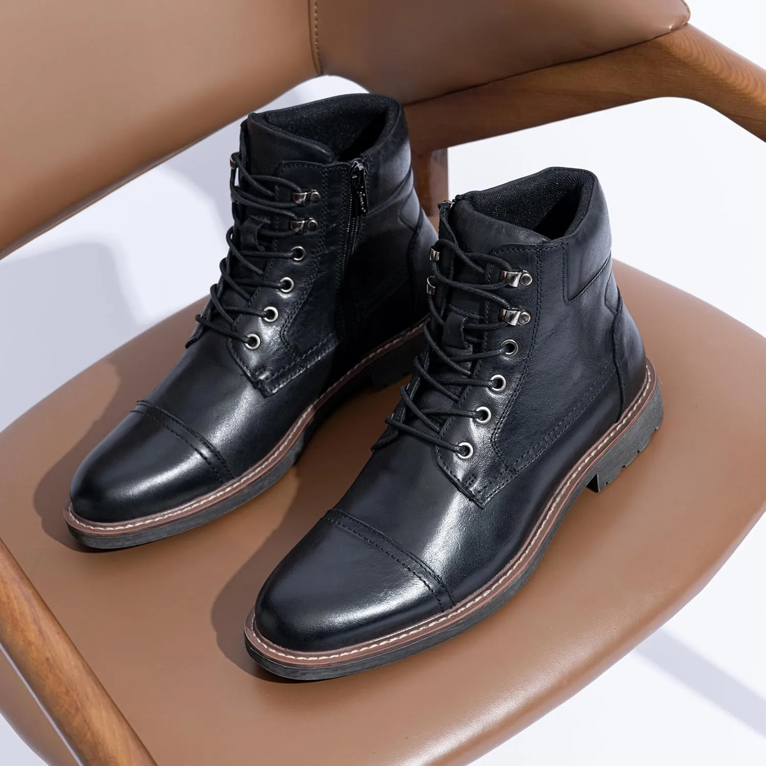 Jousen Mens Boots Leahter Retro Dress Boot Cap Toe Casual Motorcycle