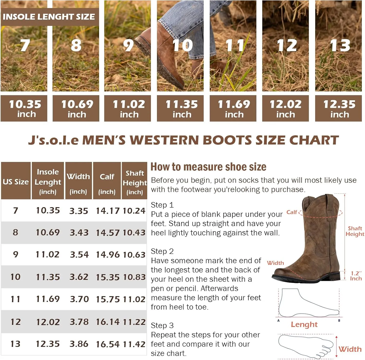 J's.o.l.e Cowboy Boots for Men Round Toe Western Boots Pull on Silp Resistant Men’s Work Boots