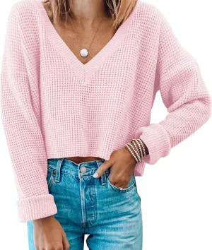 Jumppmile Womens V Neck Waffle Knit Cropped Top Long Sleeve Pullover Crop Sweater