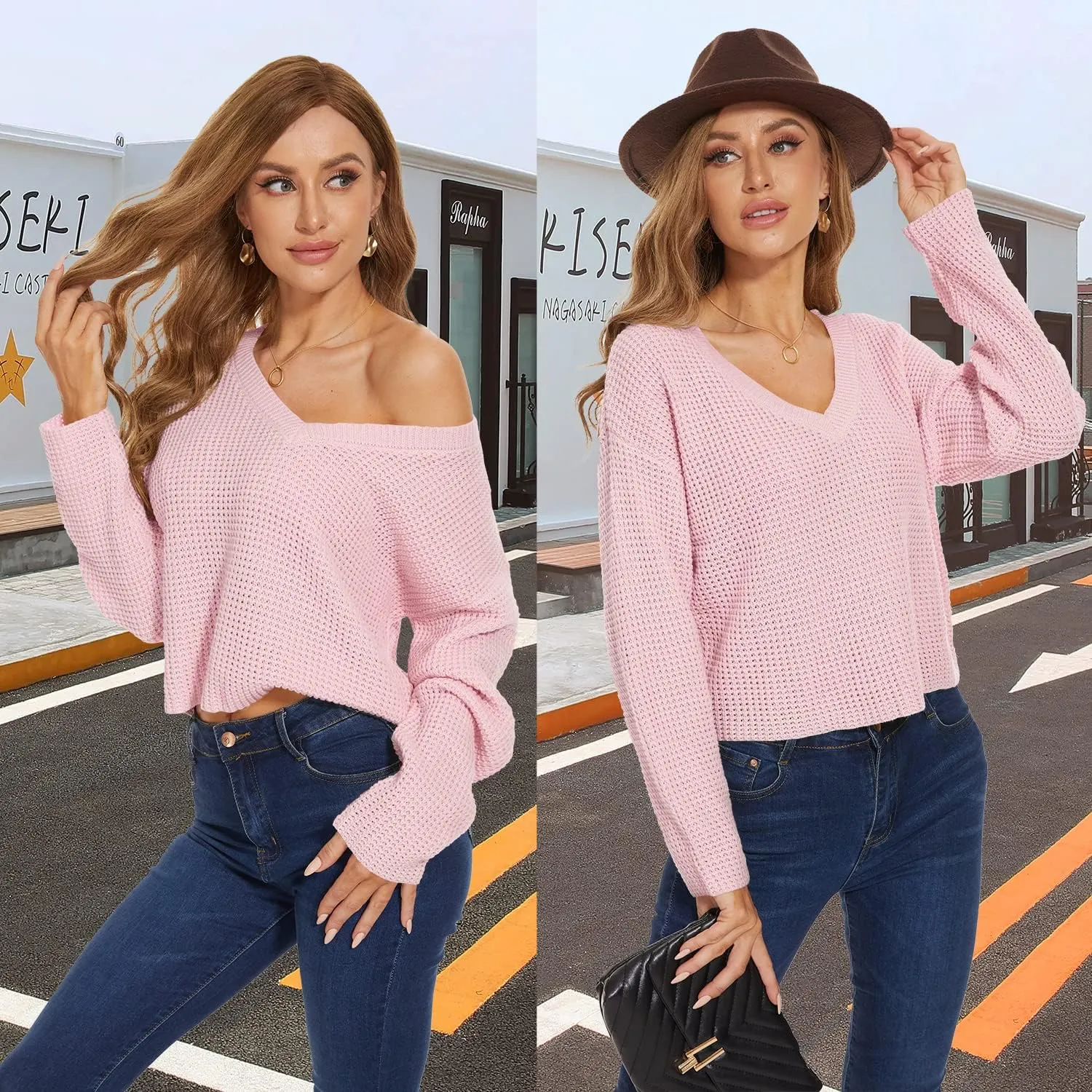 Jumppmile Womens V Neck Waffle Knit Cropped Top Long Sleeve Pullover Crop Sweater