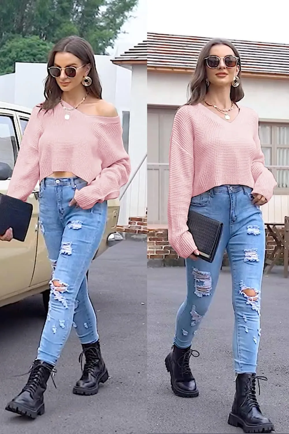 Jumppmile Womens V Neck Waffle Knit Cropped Top Long Sleeve Pullover Crop Sweater