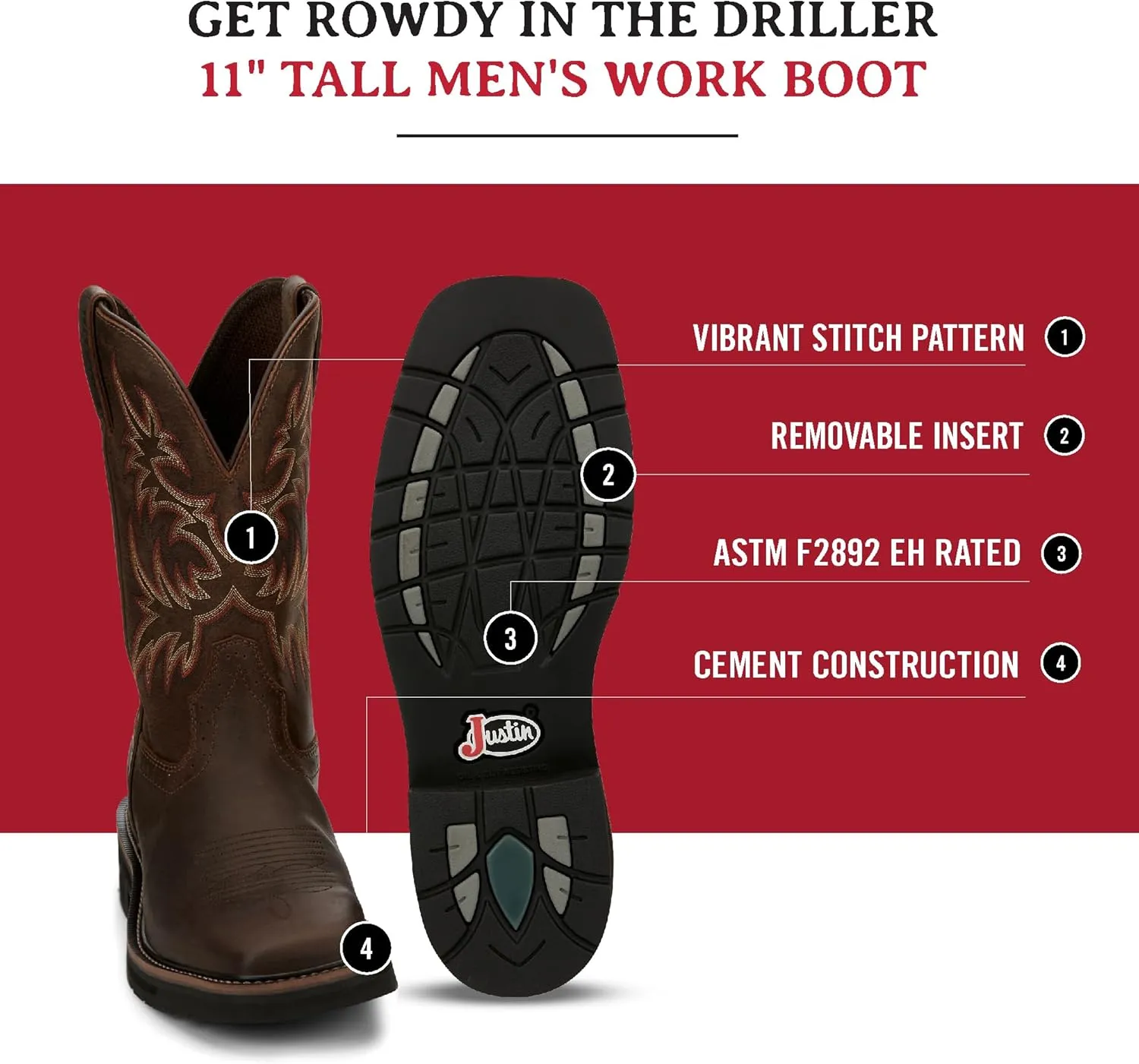 Justin Men's Driller 11'' Square Toe Work Boot