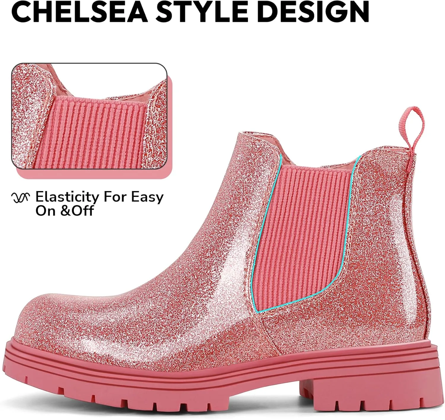 K KomForme Girls Glitter Ankle Boots Side Zipper Chelsea Booties Lug Sole (Toddler/Little Kids/Big Kids)