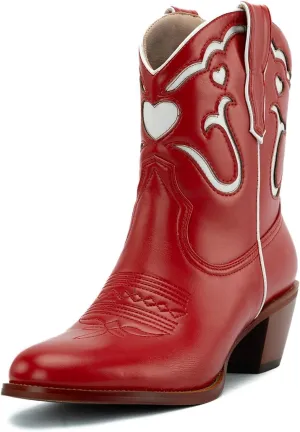 KaroNairy Cowboy Booties for Women Stitch White Heart Inlay Round Slip-On Western Cowgirl Ankle Cowboy Work Boots 11