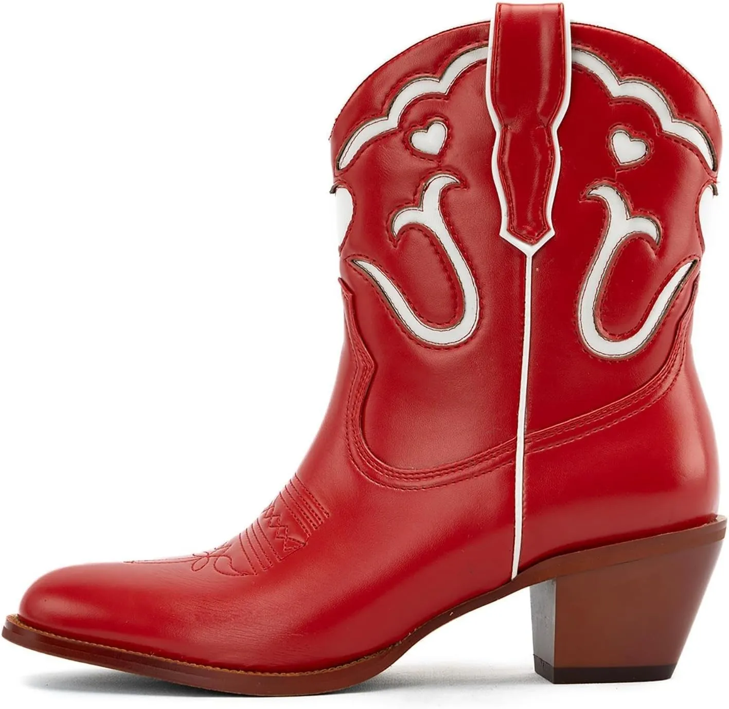 KaroNairy Cowboy Booties for Women Stitch White Heart Inlay Round Slip-On Western Cowgirl Ankle Cowboy Work Boots 11
