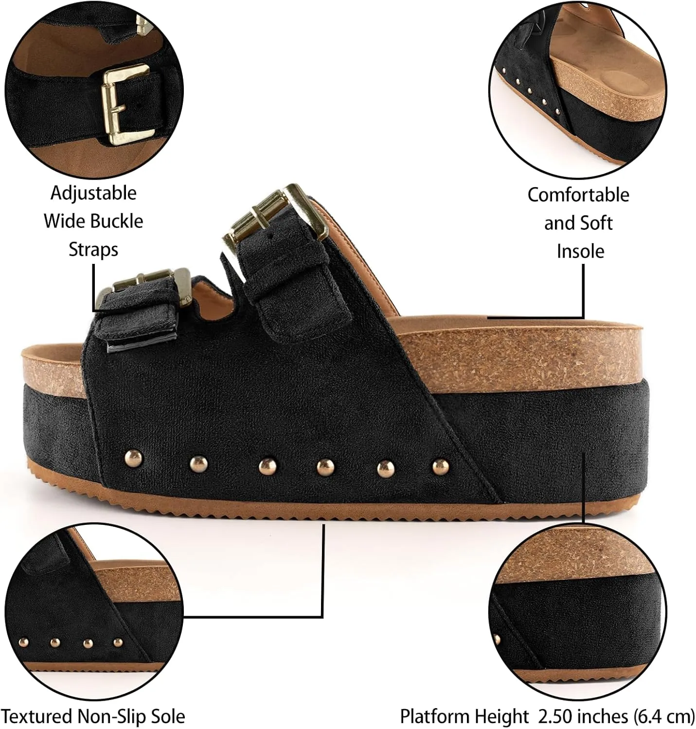 KaroNairy Womens Studded Cork Platform Sandals Slippers Clogs Platform Slip On Sandals Dual Buckled Suede/PU Casual Dress Shoes