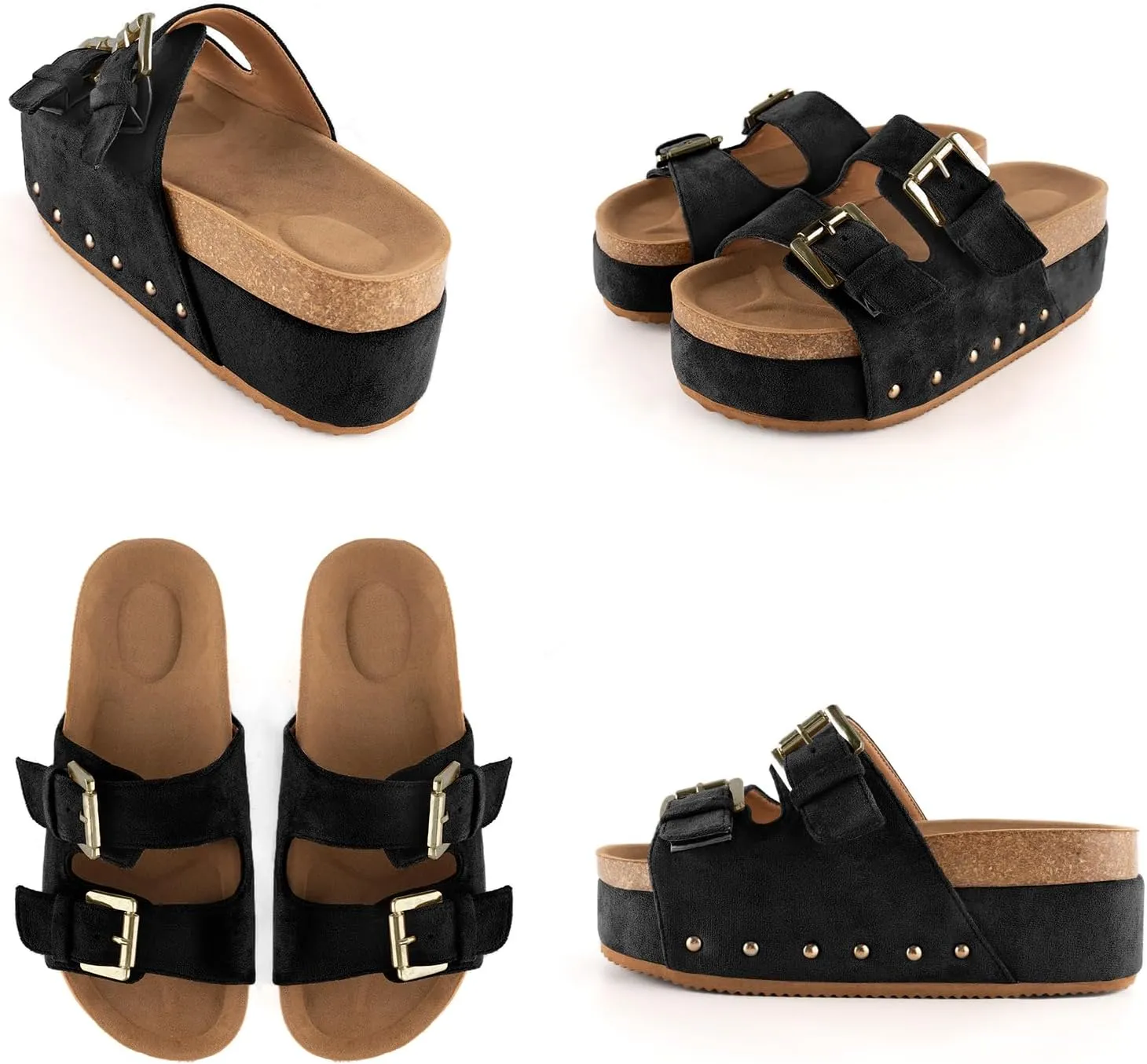 KaroNairy Womens Studded Cork Platform Sandals Slippers Clogs Platform Slip On Sandals Dual Buckled Suede/PU Casual Dress Shoes