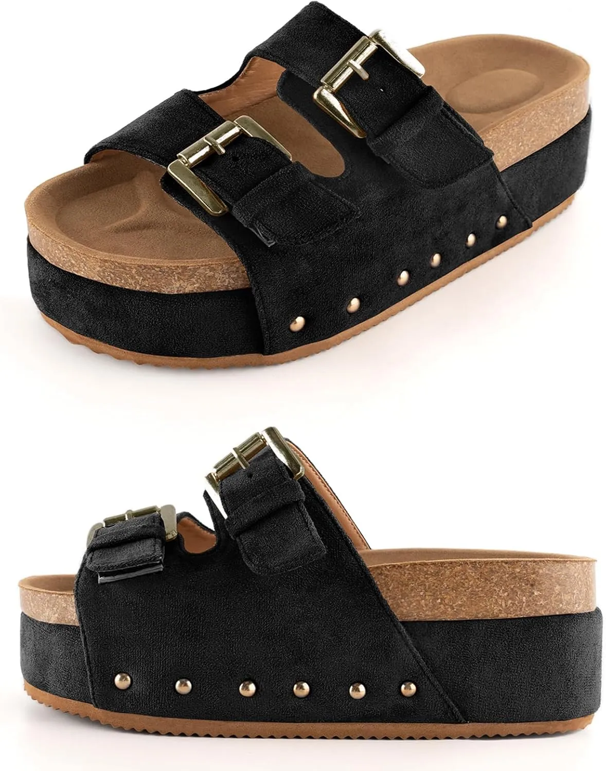 KaroNairy Womens Studded Cork Platform Sandals Slippers Clogs Platform Slip On Sandals Dual Buckled Suede/PU Casual Dress Shoes