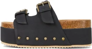 KaroNairy Womens Studded Cork Platform Sandals Slippers Clogs Platform Slip On Sandals Dual Buckled Suede/PU Casual Dress Shoes
