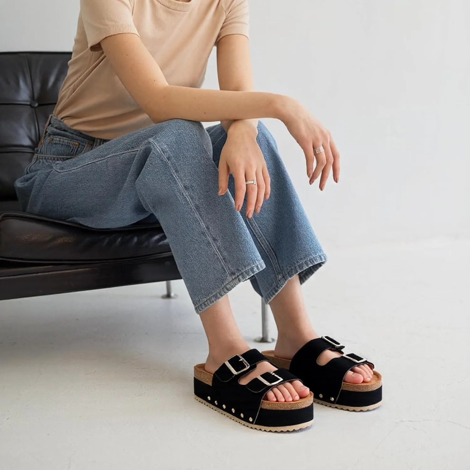 KaroNairy Womens Studded Cork Platform Sandals Slippers Clogs Platform Slip On Sandals Dual Buckled Suede/PU Casual Dress Shoes