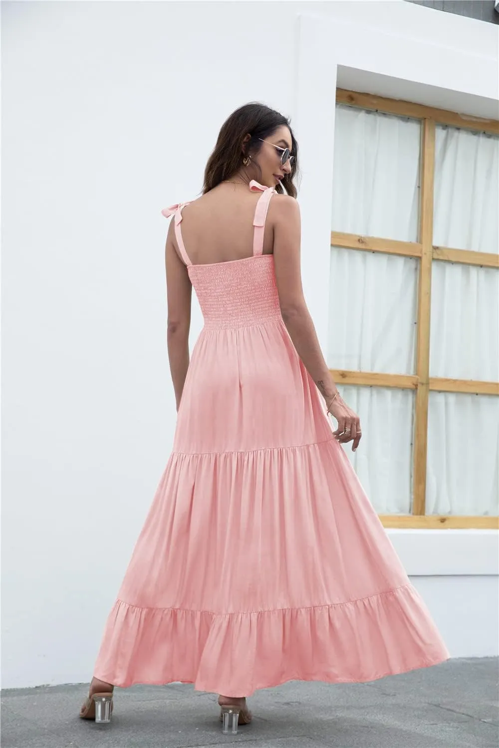 kinstell Women's Summer Boho Spaghetti Strap Square Neck Ruffle Casual Flowy Long Dress Beach Swing Party Maxi Dress