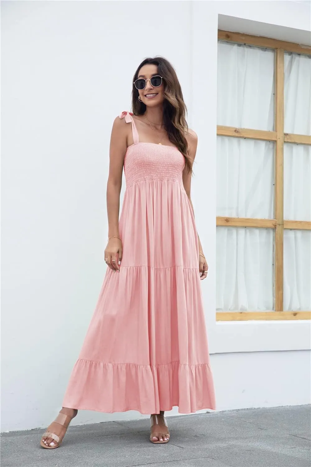 kinstell Women's Summer Boho Spaghetti Strap Square Neck Ruffle Casual Flowy Long Dress Beach Swing Party Maxi Dress