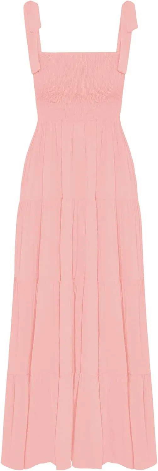 kinstell Women's Summer Boho Spaghetti Strap Square Neck Ruffle Casual Flowy Long Dress Beach Swing Party Maxi Dress