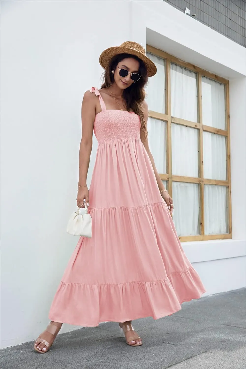 kinstell Women's Summer Boho Spaghetti Strap Square Neck Ruffle Casual Flowy Long Dress Beach Swing Party Maxi Dress