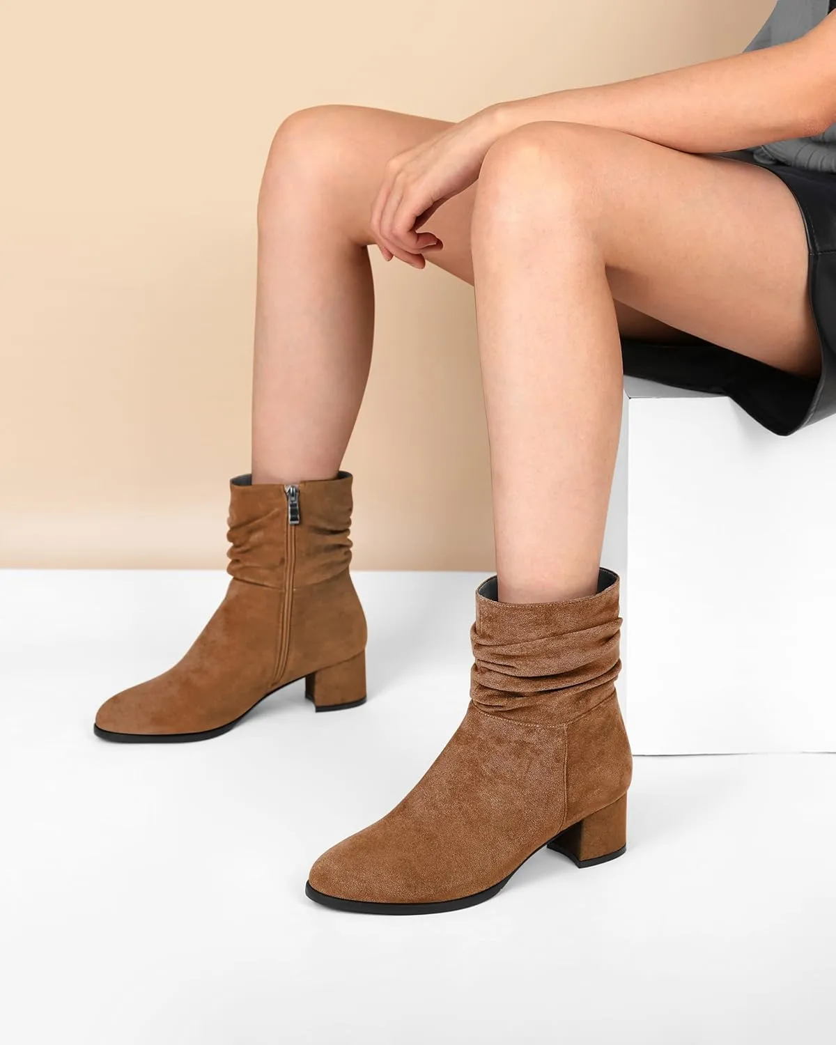 Kitten Boots for Women Chunky Boots Round Toe Low Heels Slouchy Ankle Booties Work Office Classic Fashion Retro Boots