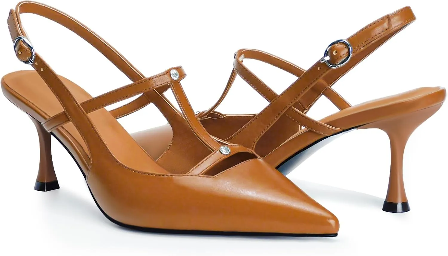 Kitten Heels for Women Slingback Shoes Closed Pointed Toe Stiletto Pumps Slip on T Strap High Heels for Dressy Party Office Heeled Sandals