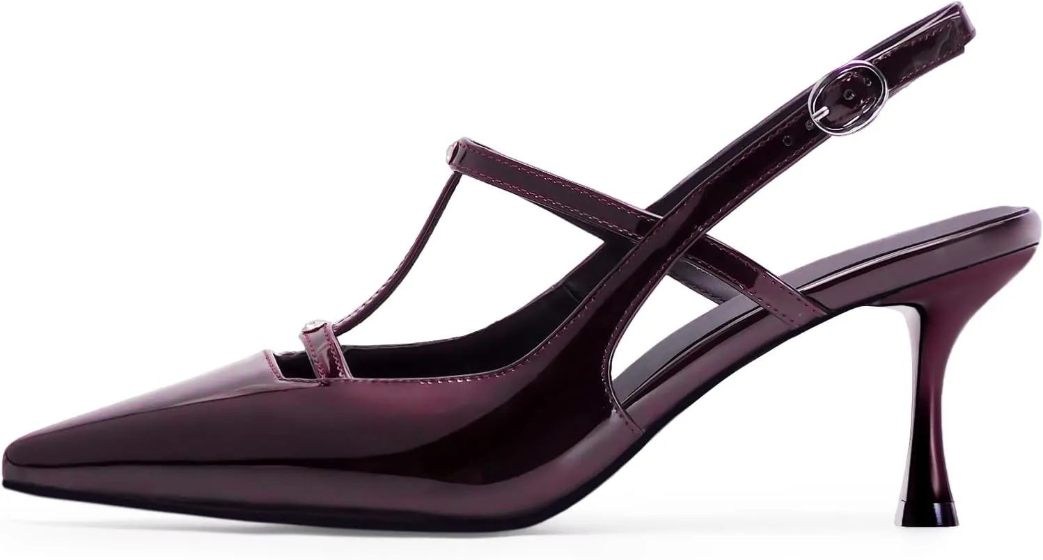 Kitten Heels for Women Slingback Shoes Closed Pointed Toe Stiletto Pumps Slip on T Strap High Heels for Dressy Party Office Heeled Sandals