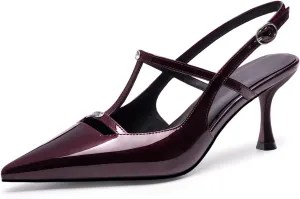 Kitten Heels for Women Slingback Shoes Closed Pointed Toe Stiletto Pumps Slip on T Strap High Heels for Dressy Party Office Heeled Sandals