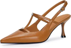 Kitten Heels for Women Slingback Shoes Closed Pointed Toe Stiletto Pumps Slip on T Strap High Heels for Dressy Party Office Heeled Sandals