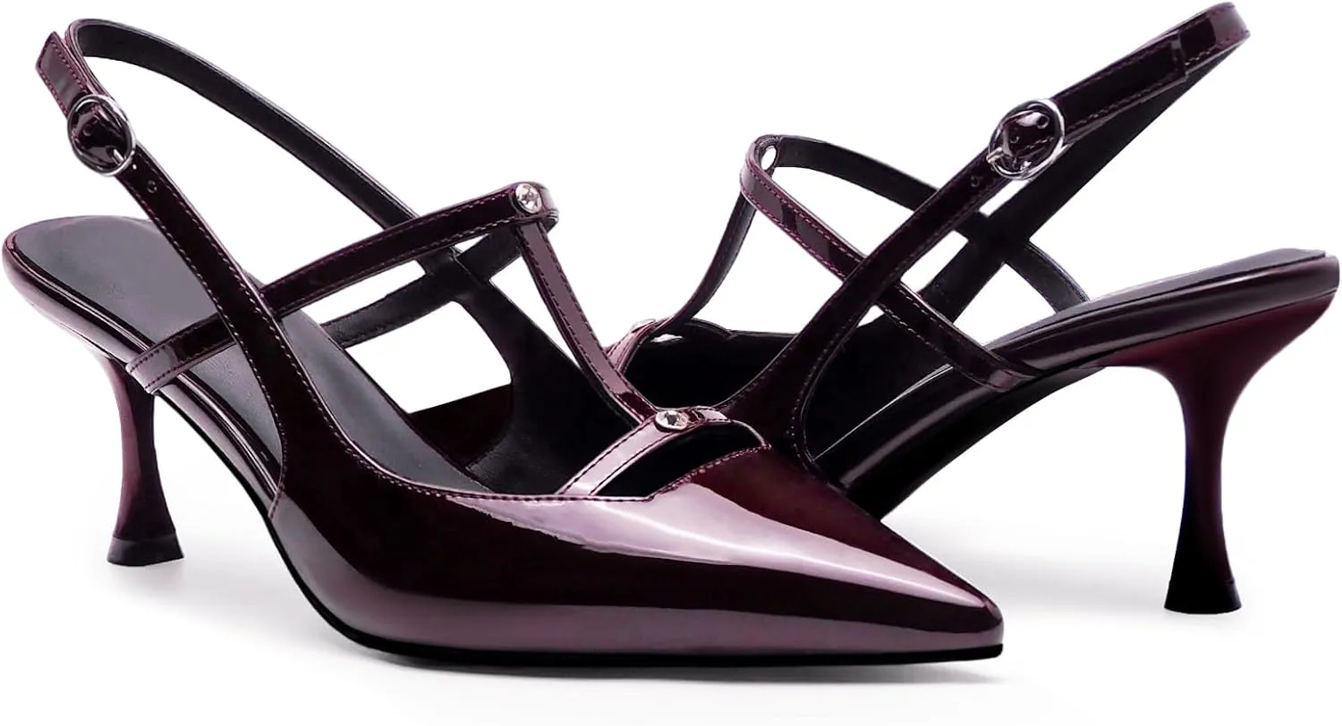 Kitten Heels for Women Slingback Shoes Closed Pointed Toe Stiletto Pumps Slip on T Strap High Heels for Dressy Party Office Heeled Sandals