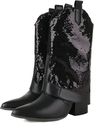 KiutSymo Sparkly Mid Calf Cowgirl Boots For Women Pointed Toe Pull-on Tabs Sequins Cowboy Boots