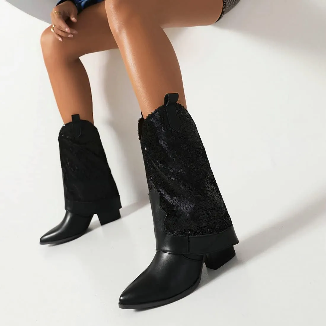 KiutSymo Sparkly Mid Calf Cowgirl Boots For Women Pointed Toe Pull-on Tabs Sequins Cowboy Boots