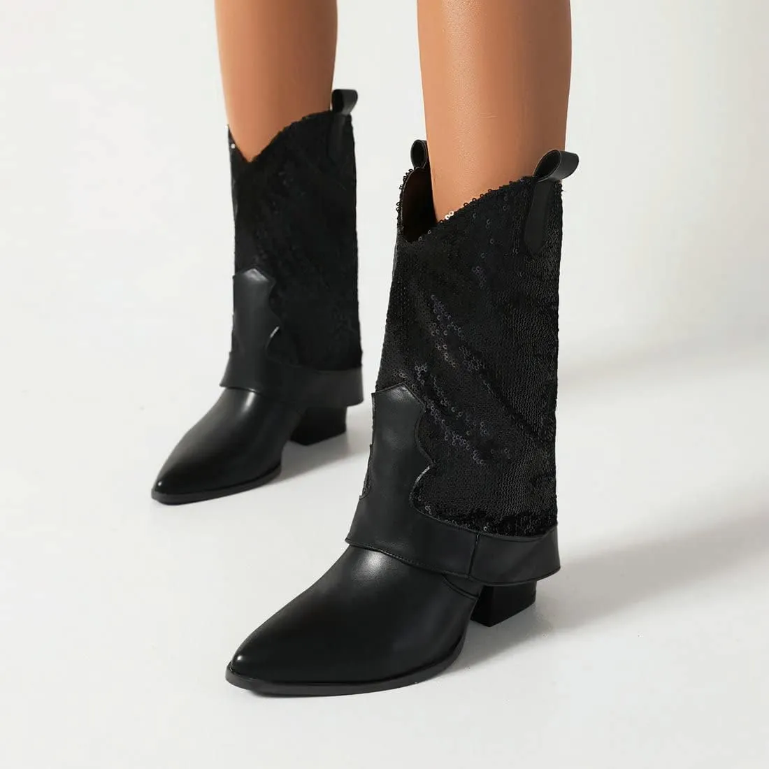 KiutSymo Sparkly Mid Calf Cowgirl Boots For Women Pointed Toe Pull-on Tabs Sequins Cowboy Boots