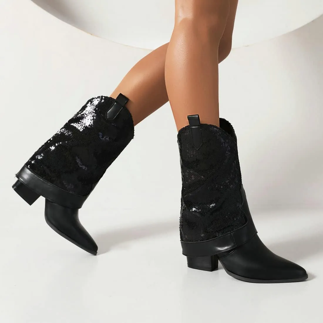 KiutSymo Sparkly Mid Calf Cowgirl Boots For Women Pointed Toe Pull-on Tabs Sequins Cowboy Boots