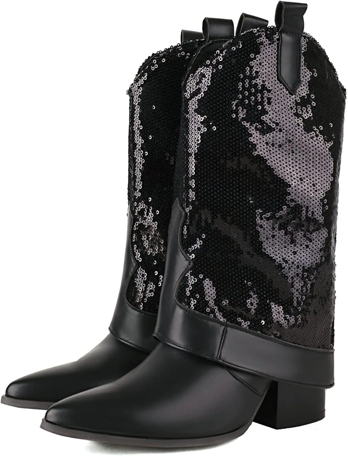 KiutSymo Sparkly Mid Calf Cowgirl Boots For Women Pointed Toe Pull-on Tabs Sequins Cowboy Boots