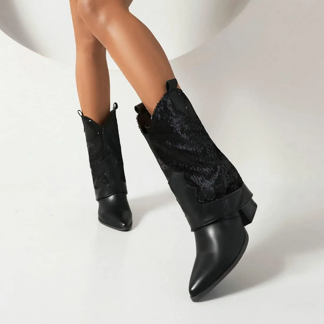 KiutSymo Sparkly Mid Calf Cowgirl Boots For Women Pointed Toe Pull-on Tabs Sequins Cowboy Boots