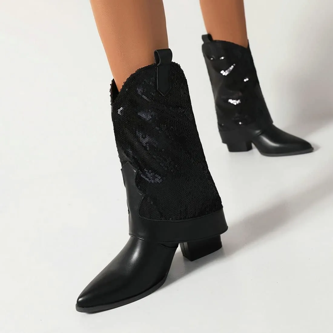 KiutSymo Sparkly Mid Calf Cowgirl Boots For Women Pointed Toe Pull-on Tabs Sequins Cowboy Boots