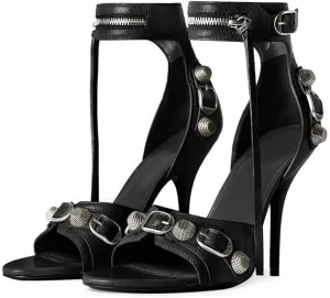 Kluolandi Women's High Stiletto Heeled Sandals with Tassel Open Toe Studded Zipper Ankle Strap High Heels Dress Pumps Shoes