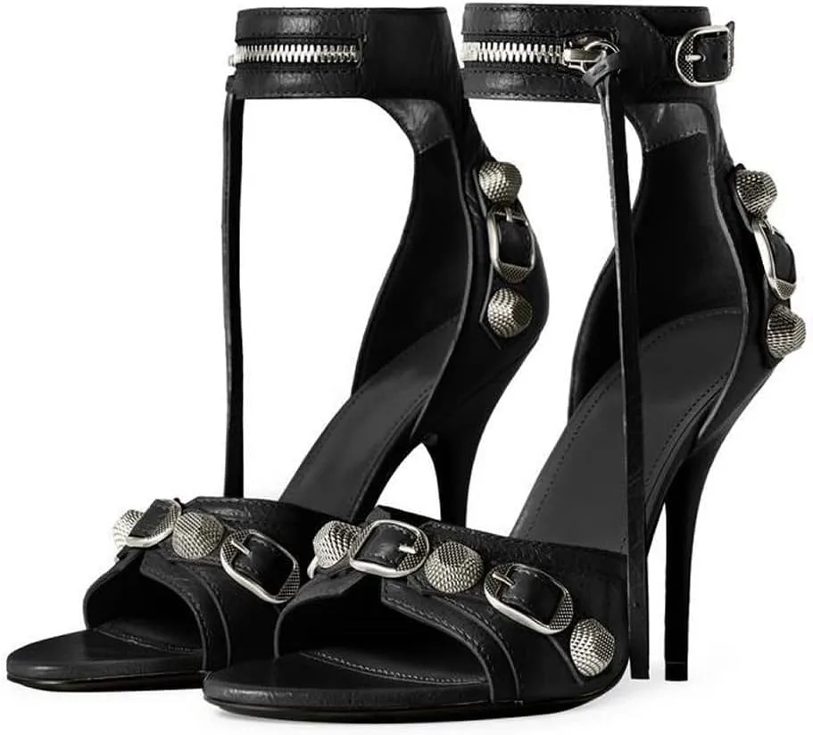 Kluolandi Women's High Stiletto Heeled Sandals with Tassel Open Toe Studded Zipper Ankle Strap High Heels Dress Pumps Shoes
