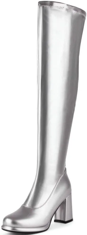 KOKOMOMO Metallic Platform Boots Patent Leather Thigh High Heeled Full Zip Boots Over The Knee High Heel Boots