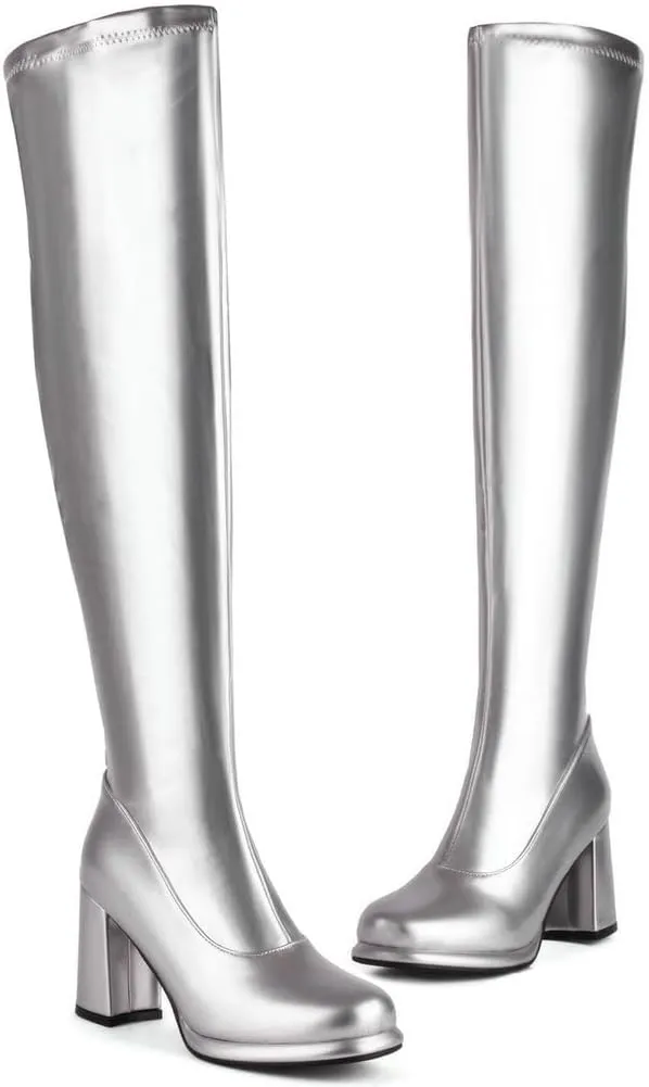 KOKOMOMO Metallic Platform Boots Patent Leather Thigh High Heeled Full Zip Boots Over The Knee High Heel Boots